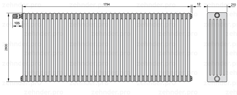 Схема (чертеж) Радиатор Zehnder Charleston 6280/39 №V011 Белый глянцевый RAL 9016